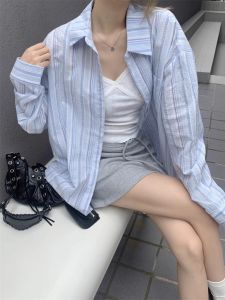 Blue Vertical Striped Casual Shirt Womens Spring Summer Thin Loose Sun Protection Outerwear Cotton 100% Long Sleeve Button-Up