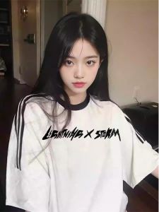 White Three Bars Trendy Short Sleeve T-Shirt Women Summer Student Oversize Half Sleeve American Retro Heavy Top Cotton round Neck