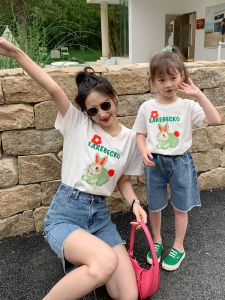 Fashionable Korean Style Pure Cotton Short Sleeve Cartoon Print Parent-Child T-Shirt for Girls Summer Season next Kiss Brand