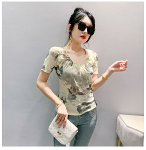 REHIN summer halter v-neck printed stretchy slim pullover short sleeve T-shirt mesh casual blouse elegant womens top