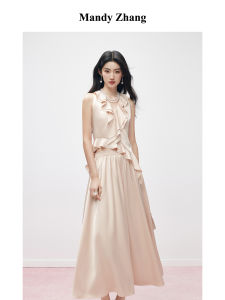 Elegant French Style Satin Ruffle Sleeveless Summer Dress Set