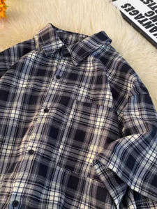 Navy Blue Short Sleeve Plaid Shirt Mens Summer Cityboy Japanese Style Vintage Shirt Fancy Handsome Outwear