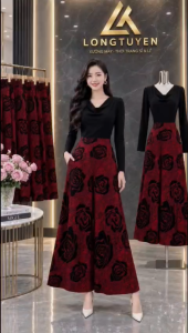 Quần ống rộng nữ dáng dài lưng thun họa tiết Thời Trang QVB