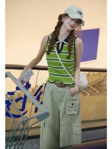 YUEZHONGWEI | Áo Thun Không Tay Co Giãn Sọc Xanh Cổ Pháp