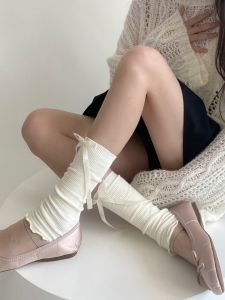 Ballet Miu Butterfly Knot Mid-Calf Socks Womens Solid Color Over-The-Knee Lolita Korean Style Combed Cotton All-Season Socks