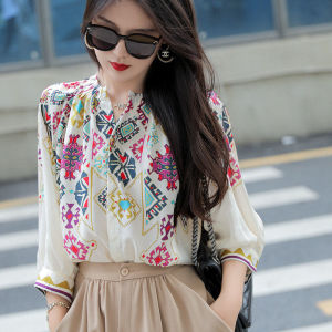 ELF TRIBE Áo Cánh Thường Ngày Mới In Hoa Cho Nữ Áo Sơ Mi Tay Lỡ Giả Lụa Dâu Tằm