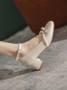 รองเท้าส้นสูง Mary Janes ทรงหวานสไตล์ Lolita ส้นสูง 5-8 ซม. สำหรับผู้หญิงวัยกลางคน พื้นรองเท้าหนัง PU หัวรองเท้าทรงเหลี่ยม