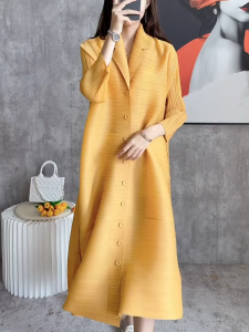 Miyake Pleated 3/4 Sleeves V-Neck Button Fashion Loose Womens Dress Elegant and Elegant Solid Color Dress Women