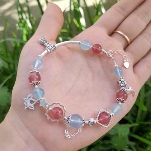 Q194 Lắc bạc đá Aquamarine mix Thạch Anh Dâu Hồng Hỏa và Thổ - Phong Thuỷ TUDO