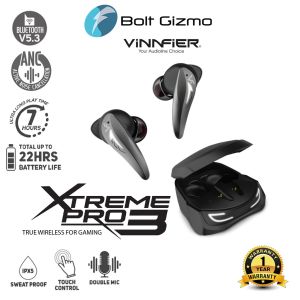 Vinnfier Xtreme Pro 3 TWS Low Latency Bluetooth Gaming Earbuds Double Mic Active Noise Cancellation Wireless Earphone