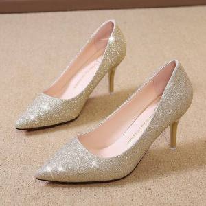 French Sequined High Heels Womens New Crystal Gold Thin Heel Mid Heel 5cm Bridesmaid Dress Bridal Shoes 7 2024