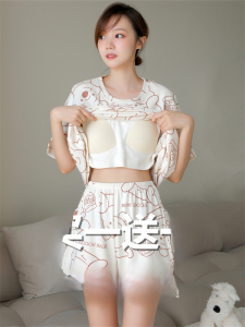 Womens Summer Sleepwear with Chest Pad Pure Cotton Short Sleeve Thin Set Two-Piece Home Clothes Can Be Worn outside