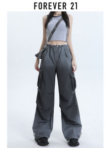 Forever 21 American Grey Quick Dry Dyed Work Pants Women Summer New High Waist Loose Wide Leg Casual Pants Pocket Detail