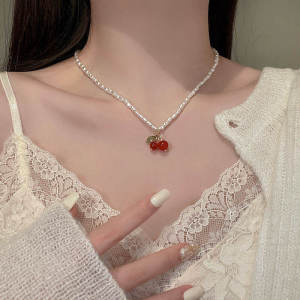 C.three Sweet Fashion Necklace Pearl Cherry Necklace Women Versatile Simple Personalized Clavicle Chain