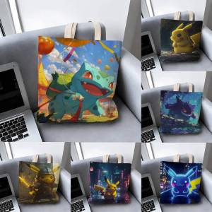 Bandai | Pokemon Champion Collection Storage Bags Tote Bag Travel Summer Beach Shoulder Bag Reusable Grocery Shopping Bag Anime Artwork