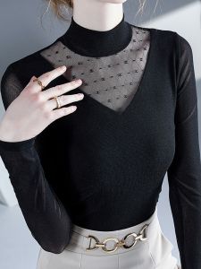 Áo Sơ Mi Lưới Lót Lông Cừu Dày Cổ Cao Cho Nữ Thời Trang Mẹ Mùa Thu Đông Mặc Trong Tay Dài Cổ Điển Ôm Vừa Vặn