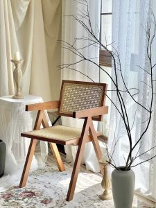 MU FENG ZHI NAN | Rattan Wood Makeup Vanity Stool Japandi Style Leisure Chair