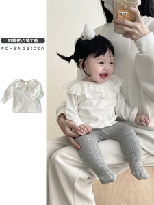 INS Baby Bottoming Shirt Princess Spring and Autumn Top Female Baby Spring Clothes White Easiest for Match Lotus Leaf Collar Long Sleeves Girls T-shirts