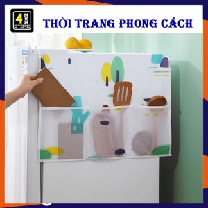 Tấm phủ tủ lạnh nhựa PEVA có ngăn chứa đồ tiện lợi chống thấm chống bụi / Khăn Phủ Tủ Lạnh Decor Dầy Dặn Chống Ẩm Đa Năng