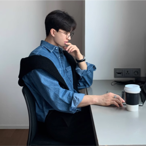 Loose Mens Denim Shirt Long Sleeve Casual Vintage Style Spring Autumn Outerwear Polyester Cotton Blend No Brand Registered