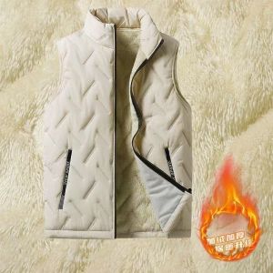 Mens Lamb Velvet Vest Fleece Lined Stand Collar Waterproof Warmth Outerwear Casual Style Zipper Closure Solid Color Jacket