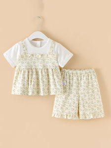 Summer Cotton Blend Floral Print Girls Two-Piece Outfit Short Sleeve Bodysuit And Shorts Set Baby Clothing Pure Cotton Infant