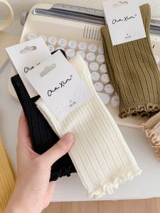 Lace Trim Mid-Calf Socks Womens Spring Autumn Cotton Socks Mary Janes Pure Color Chunky Socks Breathable Moisture Wicking