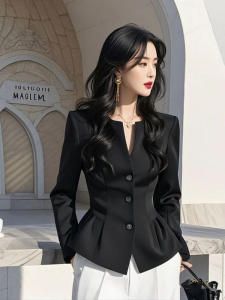 Elegant French Style Black Shirt Womens Slim Fit Design Spring 2025 Commute Korean Style Long Sleeve V-Neck Pure Color
