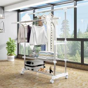 Stainless Steel Floor-Mounted Double Rod Clothes Drying Rack Adjustable Balcony Retractable Thickened Clothes Drying Pole