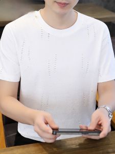 HENGYUANXIANG | Hengyuanxiang Mens Slim Fit Round Neck T-Shirt Short Sleeve Diamond Embellished Hole Summer Casual Top Breathable Base Shirt