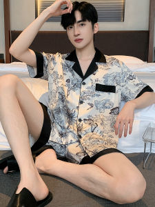 Mens Ice Silk Sleepwear Summer New Short Sleeve Shorts Thin Simulation Silk Comfortable High-End Feeling Home Clothes Set