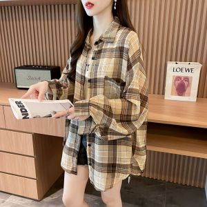 Summer 2025 Womens Plaid Shirt Loose Fit Long Sleeve Polo Collar Mid-Length Casual Thin Air Conditioning Outerwear Trendy
