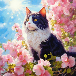 Huacan New Arrivals Diamond Painting Cherry Blossom Black and White Cat Diamond Mosaic Animal Art Decorative Paintings