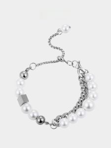 Block Pearl Splicing Mens Bracelet Luxury Minimalist Titanium Steel Jewelry Fashionable Accessory for Boys And Men