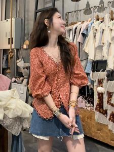 Retro Korean Design Polka Dot V-neck Short Sleeve Womens Shirt Casual Summer Fashionable Commute Style Loose Fit Top