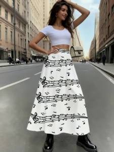 Printed Design Black & White Musical Note Print All-Season Womens Maxi Skirt Casual Elastic Waist A-Line Half Skirt
