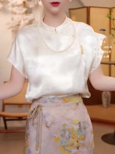 White New Chinese Style National Trend Stand Collar Embroidered Short Sleeve Shirt Womens Summer New Dark Pattern Improved Cheongsam Top