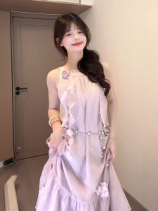 Stunning Beach Photo Worthy Summer 2026 Unique Beautiful Hanging Neck Strap Beach Dress Holiday Style High Waist A-Line Gown