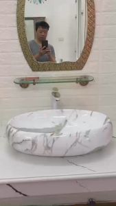 CHẬU RỬA MẶT LAVABO MEN ĐÁ TRẮNG VÂN MÂY GB 066