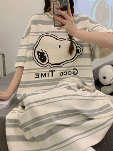 Summer Casual Short Sleeve Cartoon Print Sleep Dress plus Size Loose Maternity Mid-Length Nightgown Comfortable Knitted Cotton