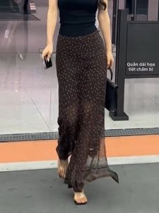 MANMI | Đầm Maxi eo cao in hoa chấm bi kiểu Pháp