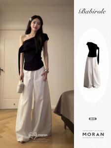 Bộ Đồ Hai Mảnh Màu Đen Thường Ngày Mùa Hè Cho Nữ Áo Thun Cổ Chéo Hở Vai Quần Ống Rộng Quần Dài Bộ Đồ Thời Trang