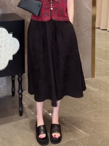 Shalldoer | New Chinese Style Black Half Skirt Womens Fashionable Elastic Waist Slimming Versatile Midi Skirt For Casual Wear 2025 Summer