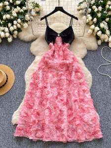 Elegant French Style Butterfly Knot V-Neck Halter Waist Cinched Rose Flower Print Dress Mid-Length A-Line Skirt Commute Wear