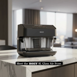 【Smart App Control】SG Stock HOIIY 8L Glass Air Fryer Dual Zone 4L+4L Removable Divider 2200W Fast Dual Heat Auto Keep Warm LFGB 100% Food Grade Non-toxic Pure Coating-free Pot Dishwasher Safe