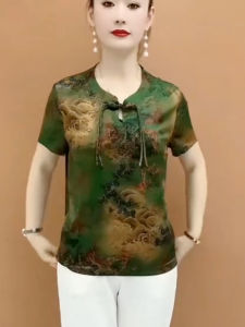 Middle-Aged Slim Looking Tops Womens Summer Younger Womens Short Sleeve T-Shirt Summer D Unique Beautiful Small Shirt Summer Chinese Style Retro