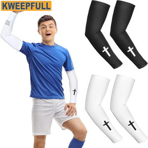 1Pair UV Cooling Compression Arm Sleeves with Christian Cross Design Breathable Sports Arm Covers for Youth Football Baseball