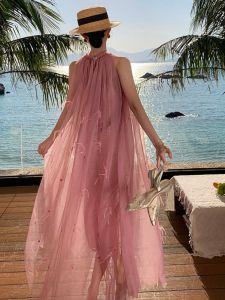 ขนนก ดีไซน์ ของขวัญวันเกิด เดรส เสื้อคลุมเช้าผู้หญิงเจ้าสาวหมั้นสไตล์วันหยุด เรียบหรู ผ้ากอซบาง คอคล้องคอ เดรส