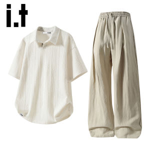 izzue | Retro Wealth Style Lyocell Mens Summer Polo Shirt and Casual Pants Set