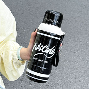 VRIUKNT | 1 PC Stainless Steel Sports Insulated Water Bottle 800ML Large Capacity with Bowl Lid and Lanyard Portable Sports Water Jug